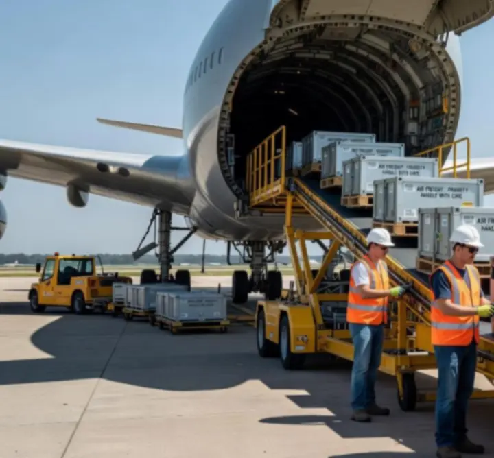 Samolot cargo podczas załadunku ładunku na płycie lotniska