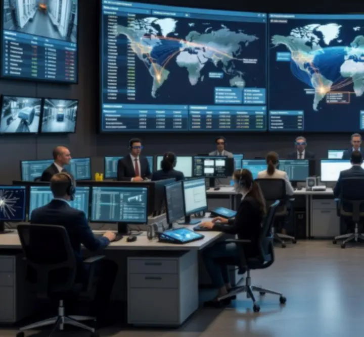 Centrum monitorowania ładunków z ekranami śledzącymi trasy przesyłek