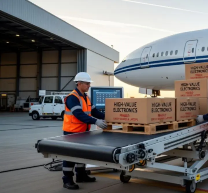 Załadunek technologicznych przesyłek elektronicznych do samolotu cargo na płycie lotniska