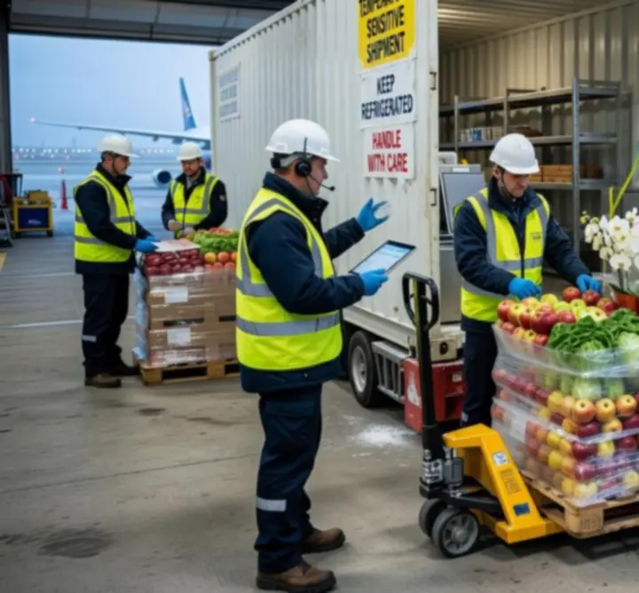 Strefa logistyczna ze świeżymi produktami przygotowywanymi do transportu lotniczego