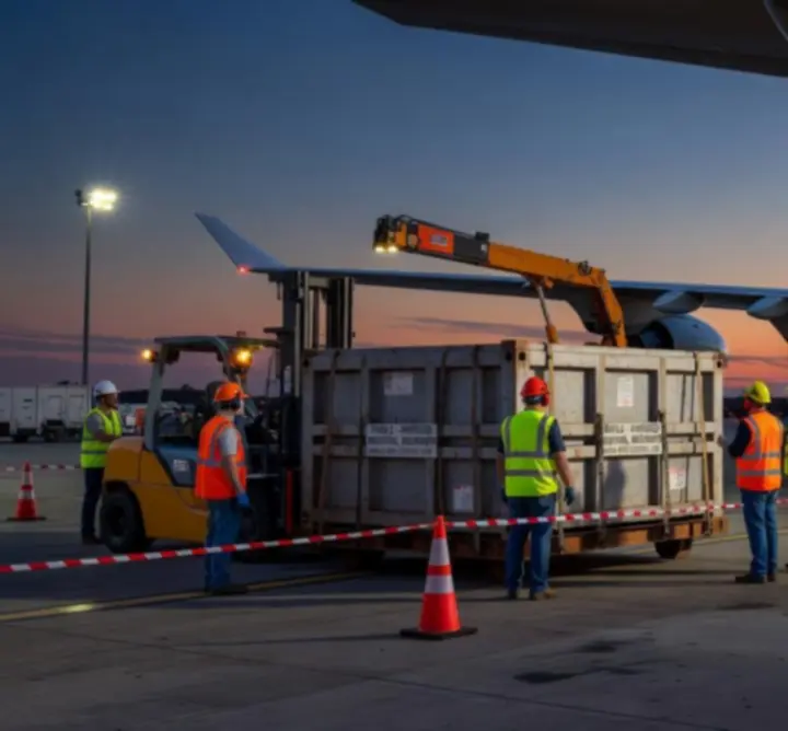 Załadunek ciężkich ładunków przemysłowych do samolotu cargo